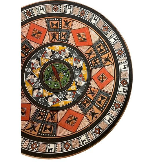Vintage Pisac Cusco Peru Folk Art Redware Clay Hand Painted Plate 9" Aztec Maya - Picture 5 of 8